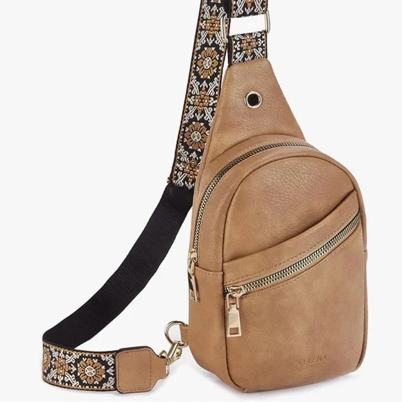 Telena Tan Sling Crossbody Handbag Adjustable Strap Vegan Leather Fanny Pack - Picture 8 of 12